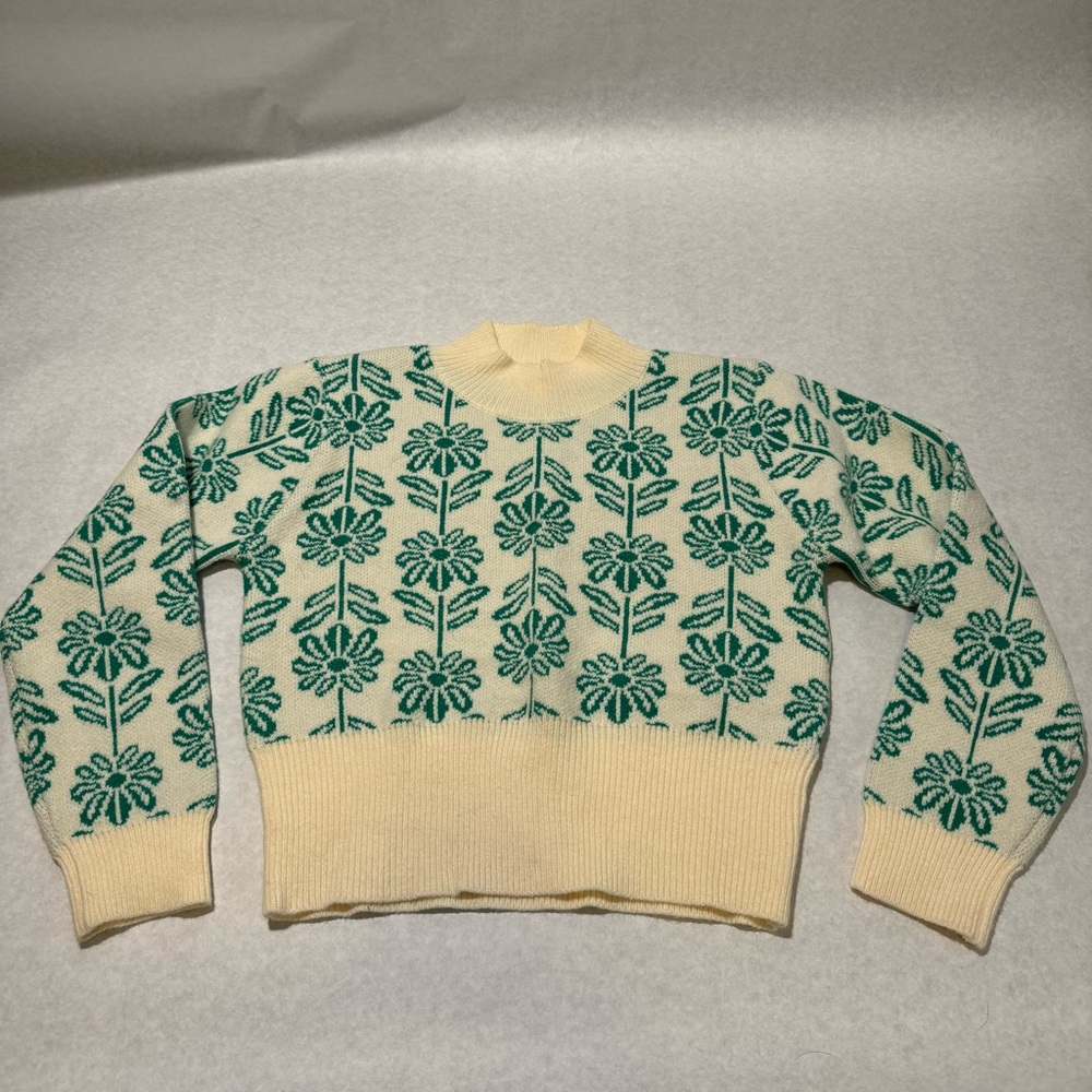 &Merci size s cream sweater with green floral pattern